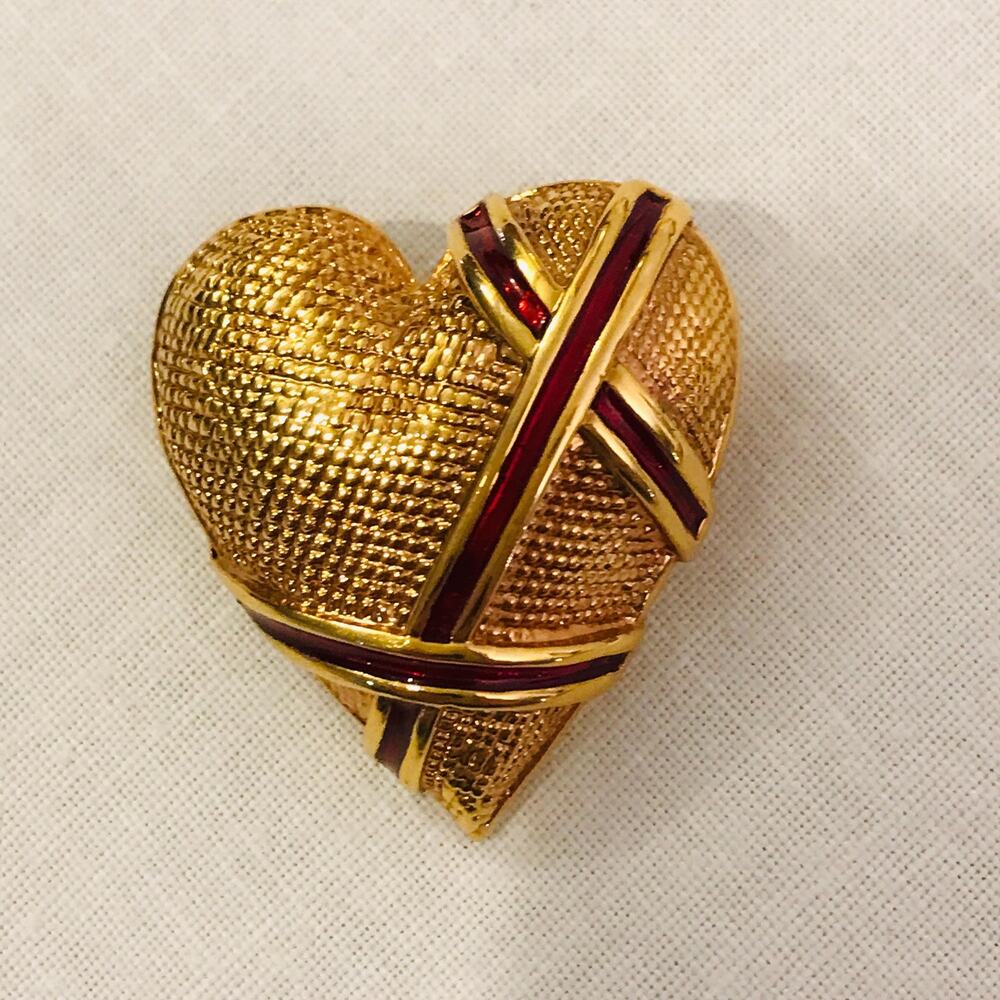 Vintage Garnay Heart Brooch Pendant: Gold Tone, Red Enamel Ribbon, Designer Pin